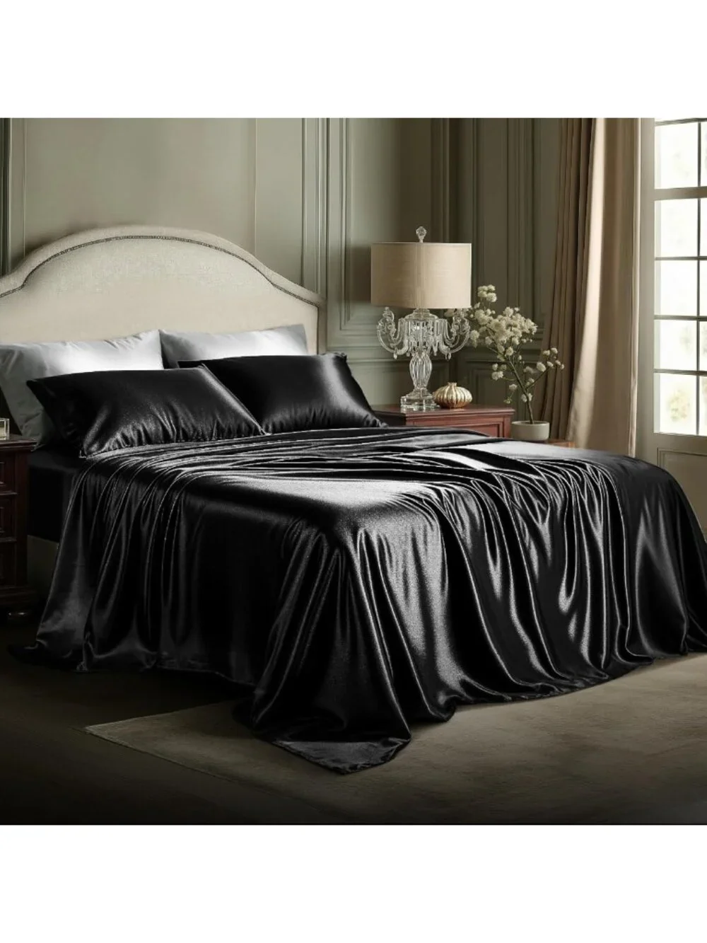 Luxurious Black Satin King Size Sheets - 4 Piece Set with Deep Pocket